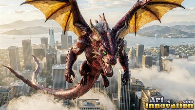 Wide yellow wings carry a red dragon over a sunny modern city by the bay
