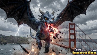 A horned dragon breathes fire over a red suspension bridge under gray storm clouds