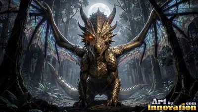Crouching with wings spread wide, a large-horned dragon rests in a forest at night under a moon