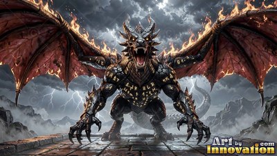 A black dragon snarls with an open mouth on a stone ledge under stormy skies with fire on its wings