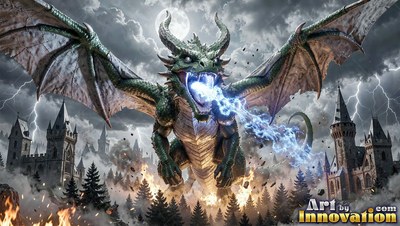 Above castle towers, a green winged dragon breathes blue lightning over a forest