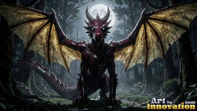Spreading wide wings, a horned red dragon crouches in a forest at night under a round moon