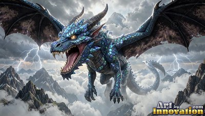 A dragon roaring in flight over snowy mountains with lightning