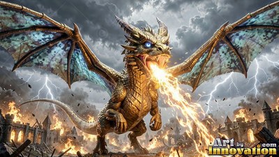 Horned golden scales cover a dragon breathing fire above ruined castle walls under lightning storm clouds