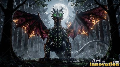 A black dragon spreads burning wings in a misty forest under a pale bright round moon