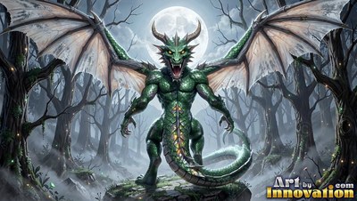 Standing front and center, a green dragon spreads its wings in dark woods under a bright round moon