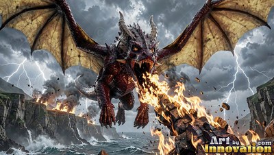 A dragon breathes fire over ocean cliffs under stormy lightning clouds