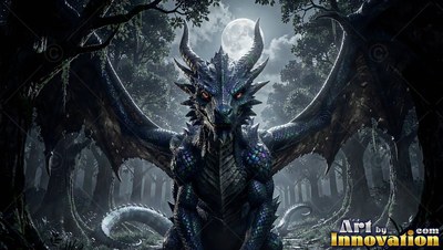 In a dark forest under a bright round moon, a horned dragon with blue scales spreads its wings