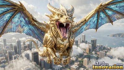 Soaring above a city, a golden dragon opens its mouth wide with blue wings spread out