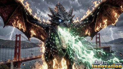 Fiery dragon with horns breathing green lightning over a red bridge