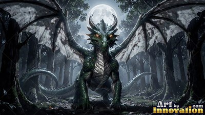 Curved gray horns rise from a green dragon standing in a shadowy woods under a full moon