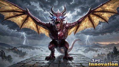 A red dragon spreads broad wings on a stone wall under bright lightning flashes