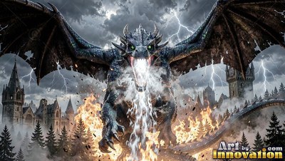 Facing forward with wings spread wide, a dragon breathes fire over a burning town
