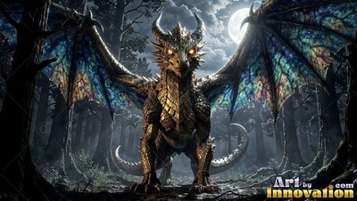 A large-horned dragon spreads blue wings in a shadowy woods under a bright round moon