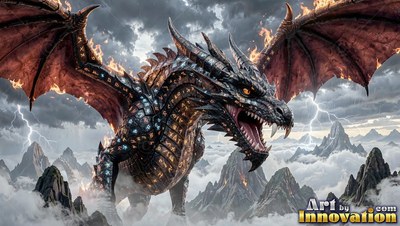 Above stormy mountains, a horned black dragon spreads red wings on fire