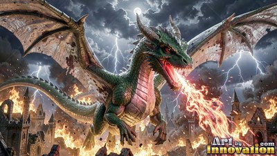 Breathing fire, a green dragon glides through the air over a burning castle in a lightning storm