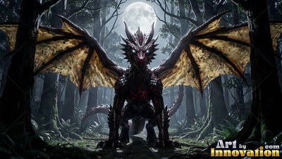 Dragon with spread wings in a shadowy woods under the bright round moon