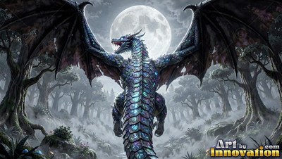Shiny blue scales cover a dragon opening dark wings before a moon over a misty forest