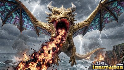 A golden dragon breathes fire over a stormy sea under flashes of white lightning