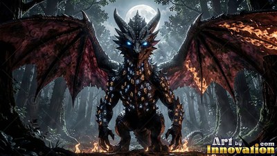 Facing front in a dark forest, a black dragon crouches with outstretched wings