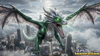 A green dragon with silver scales flies above a city under a bright round moon