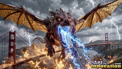 Above a burning suspension bridge, a winged dragon breathes blue lightning