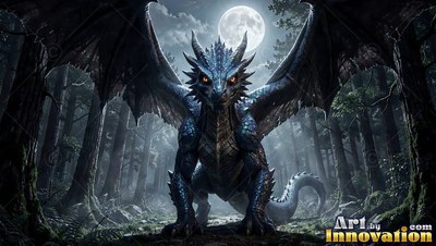 Spreading its wings, a dragon with blue scales with horns stands in a shadowy woods under the full moon