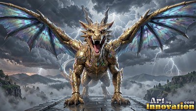 A golden dragon lets out a roar on a stone ledge during a lightning storm
