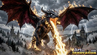 Black dragon with two horns breathing bright fire over stone castles in a storm