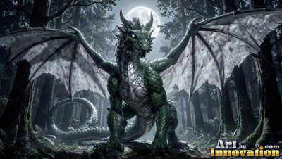 A green dragon spreads wide wings in a deep dark woods, lit from behind by a full white moon