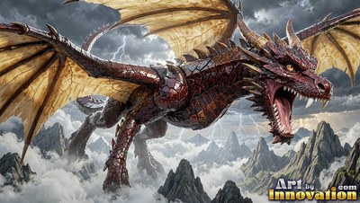 Flying low with open jaws, a brown dragon glides over cloudy mountains in a storm