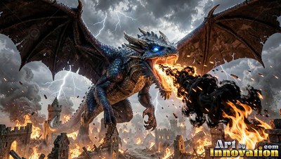 A dragon breathes fire over a burning stone castle in a storm