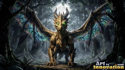 In a dark moonlit forest, a golden dragon stands with wide wings spread