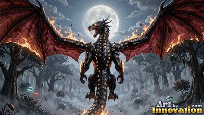 Spreading flaming wings, a dark dragon stands in a misty forest under a moon