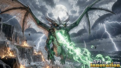 A green dragon breathes green fire by a stormy sea under the moon