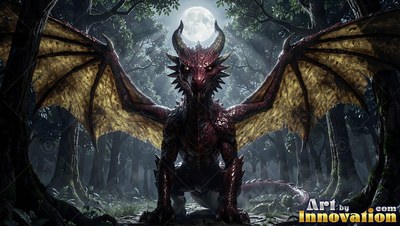 Curved horns top a red dragon spreading broad wings in a dark forest under a full moon