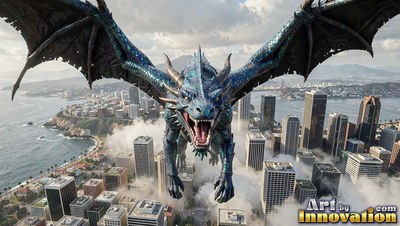 A blue dragon flies forward over skyscrapers, its scales shining in pale daylight