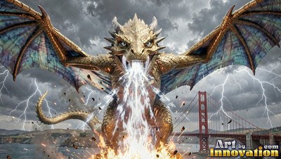 Wings spread wide over a stormy bay, a golden dragon breathes white fire