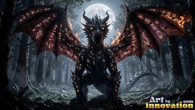 A dark horned dragon spreads fiery wings in a forest under the round moon