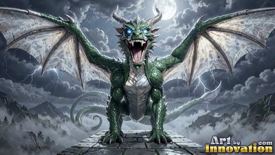 Under a stormy night sky, a green dragon roars with its wings spread wide