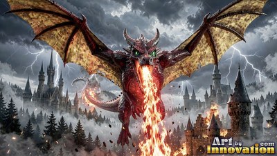 Breathing fire downward, a red winged dragon flies over dark castle towers in a lightning storm