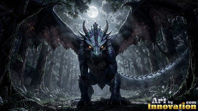 A dark dragon spreads its wings in a shadowy woods under a full moon