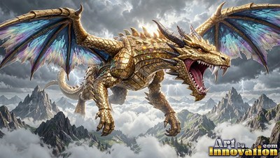 Golden scales cover a winged dragon roaring above cloudy mountain peaks in a storm