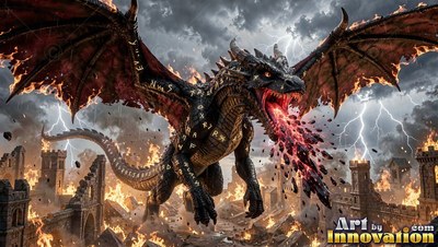 A black dragon breathes fire over ruined stone towers under white lightning