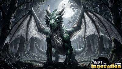 Crouching with open wings in a dark forest, a green dragon faces forward under the moon