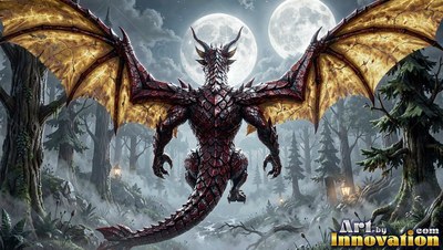 A red dragon spreads broad wings over a misty forest under two full moons