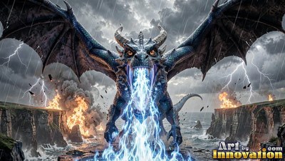 In a stormy sea, a large-horned dragon breathes blue lightning over burning rocks