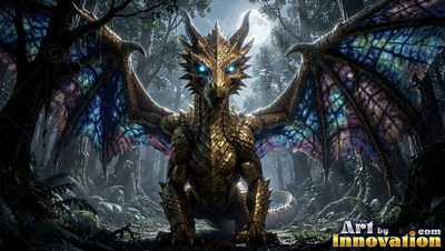 Spreading stained-glass wings, a golden dragon sits in a dim forest under a moon