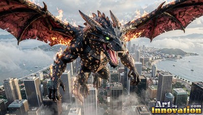 A black dragon covered in fire flying over city skyscrapers
