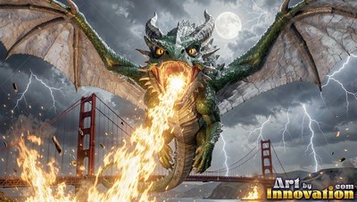 Horned green scales on a dragon breathing fire over a red bridge in a lightning storm